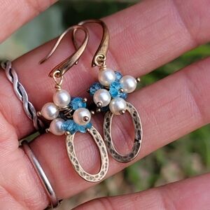 Elegant 925 sterling silver gold overlay pearl blue glass oval dangle earrings